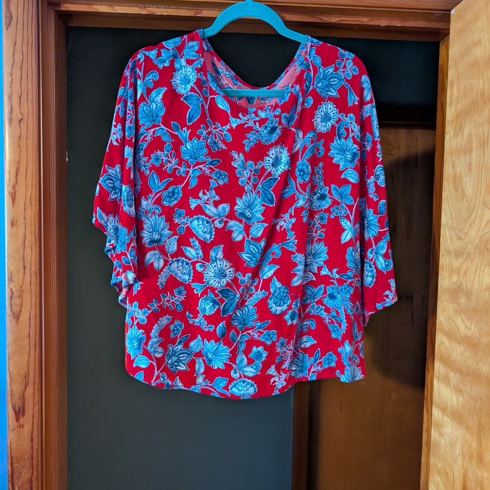 Women’s Red Floral Blouse with Blue Print